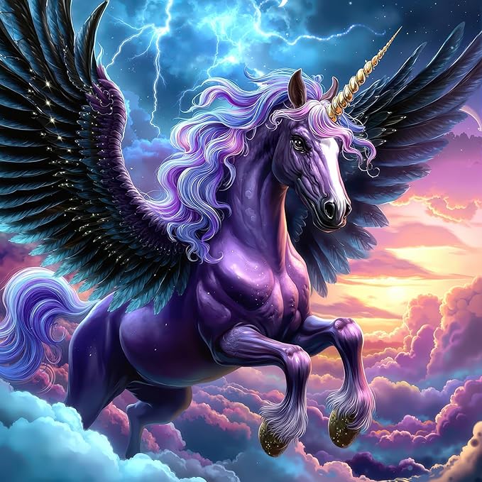 Majestic Purple Winged Unicorn 1000 Piece Jigsaw Puzzle for Adults - Fantasy Pegasus with Golden Horn & Storm Sky, Poster & Lettered Back, 22.8" Square HD Quality, Gift for Unicorn Lovers