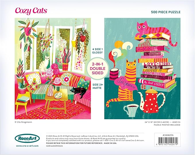 RoseArt - Cozy Cats 500 Piece Double-Sided Jigsaw Puzzle – Matte & Glossy Sides – Cat Puzzle for Adults - 2-in-1 Puzzle with Bonus Poster