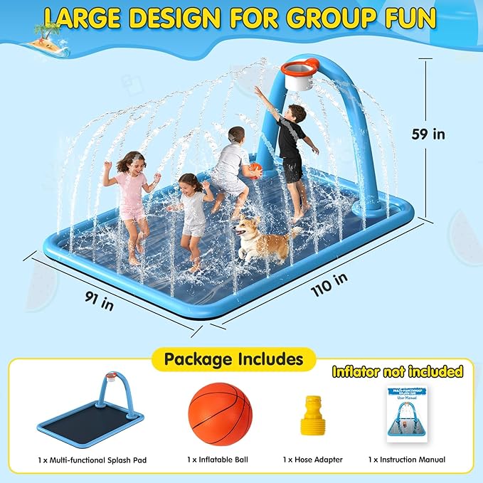 Splash Pad, 110x91'' 2-in-1 Large Sprinkler Mat with Basketball Hoop and Arch for Kids Outdoor Play, Shoot Game for Backyard, Inflatable Water OutdoorToys More Fun for Boys and Girls