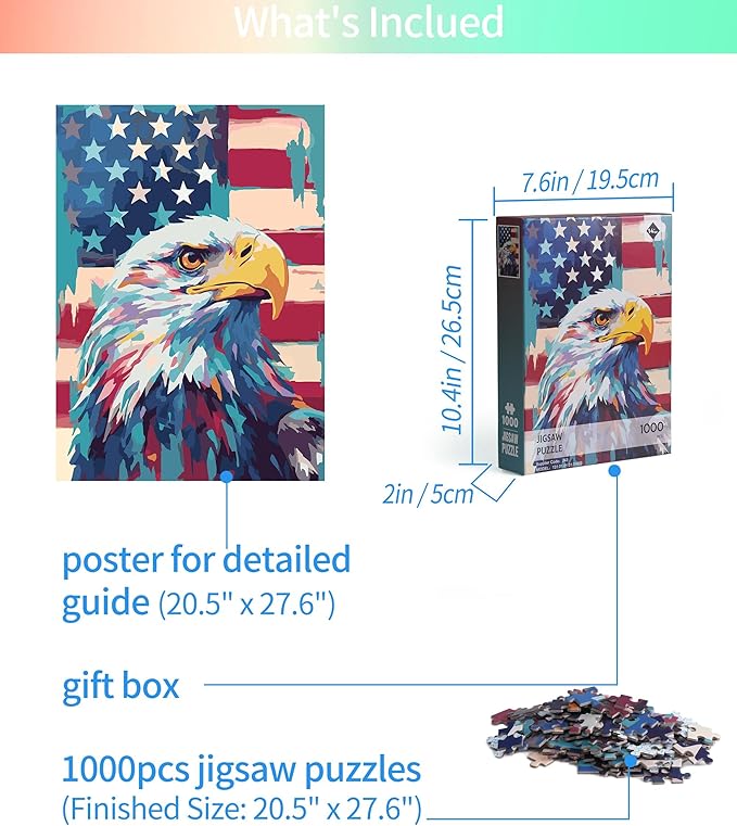 Puzzles for Adults 1000 Pieces, American Flag Bald Eagle 1000 Piece Puzzles with Letters on Back, Patriotic Faith Hard Jigsaw Puzzles for Family Fun Gifts Home Decor, 1:1 Poster