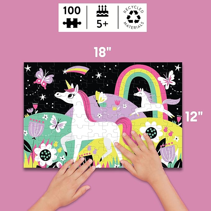 Mudpuppy Unicorns – 100 Piece Glow In The Dark Jigsaw Puzzle with a Wondrous Scene of Magical Unicorns and Hidden Hillside Details in the Dark