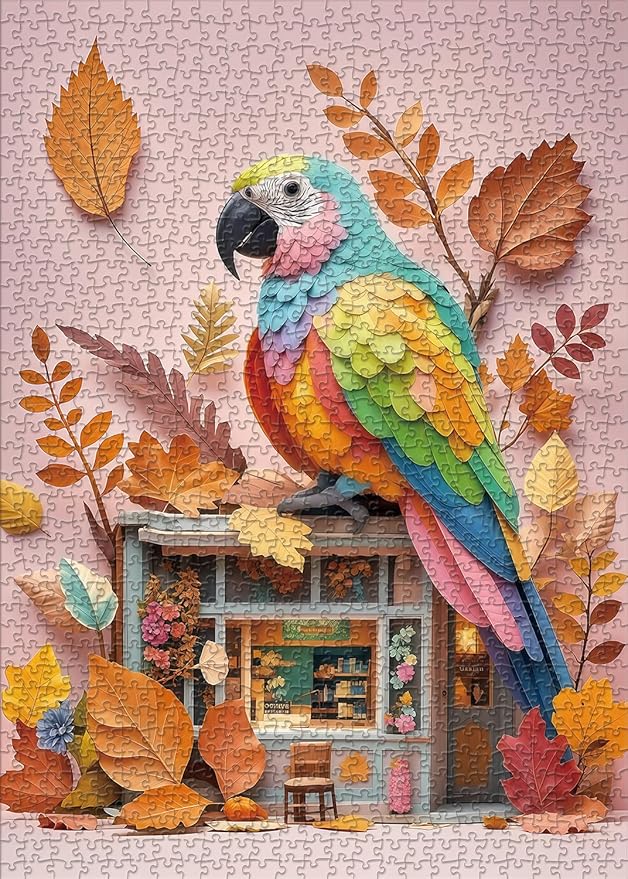 Jigsaw Puzzle 1000 Pieces Colorful Parrot, Pink Background Autumn Leaves, 19.7x27.6 Inches for Adults & Teens 14+ Family Game (Colorful Parrot) C0807