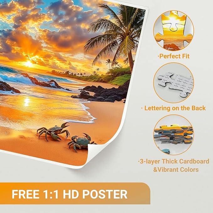 Crabs on Sunset Beach Puzzles for Adults 1000 Pieces, Impossible Hard Difficult Challenging Jigsaw Puzzle 1000 Pieces, Christmas Birthday Gifts Home Decor for Adults/Friends/Family