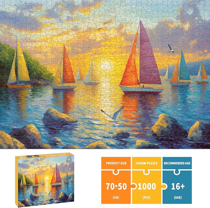 Puzzles for Adults 1000 Pieces, Ocean Sunset Sailing Jigsaw Puzzles 1000 Pieces - Sails Aglow, Summer Decor Impossible Puzzle, Finished Size 27.56 * 19.69", with 1:1 Poster, Letter on The Back
