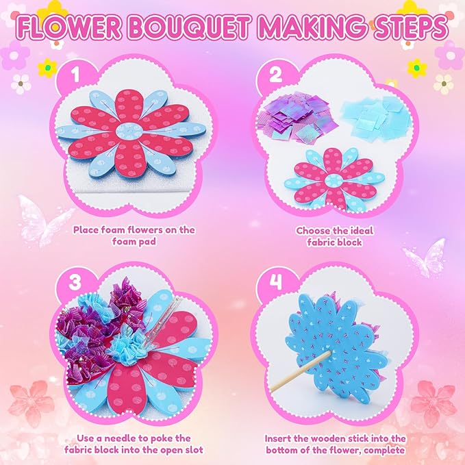 MUNDIDO Poke in Fun Art Flower Bouquet, Mess Free Paper Craft Kits for Kids, DIY Creative Activity Gifts for 6 7 8 9 10 Year Old Girls, Birthday Gifts for Girls Boys Age 5-12 Easter Basket Stuffers