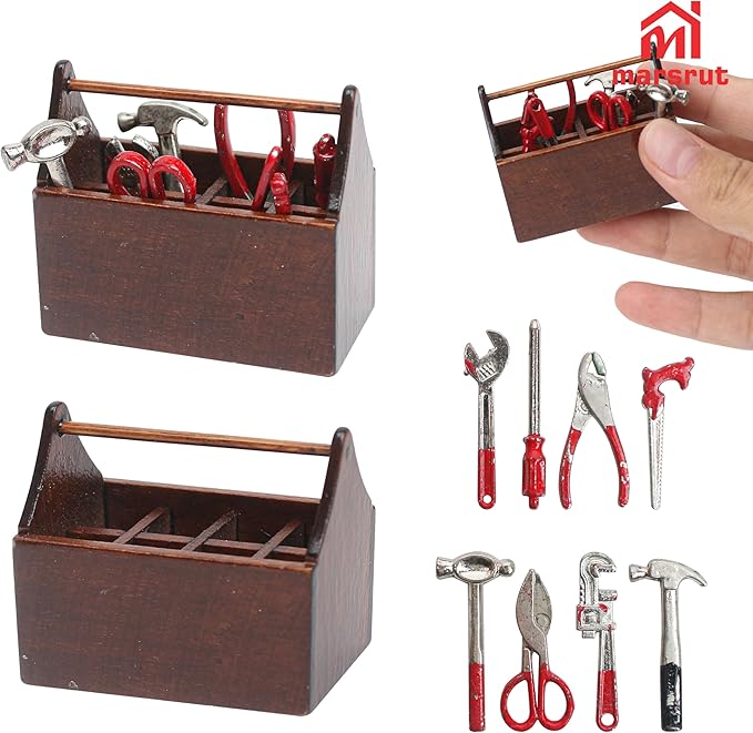 Miniature Tool Box Dollhouse 1/12 Scale Kit Set, 8Pcs Metal Working Tools with Mini Wood Toolbox, Doll Garage Accessories, Tiny Model for House Building, Garden Outdoor Repair, Rustic Farm Crafts