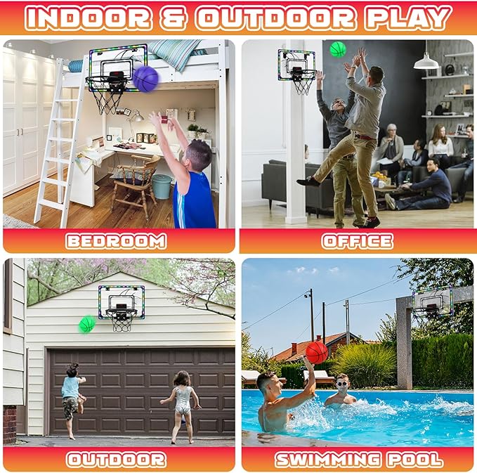 Basketball Hoop Indoor for Kids,LED Light Mini Basketball Hoop with 3 Balls & Electronic Scoreboard,Over The Door Basketball Hoop,Basketball Boy Toys Gift for Kids 3-12 Year Old Boys Girls Teen