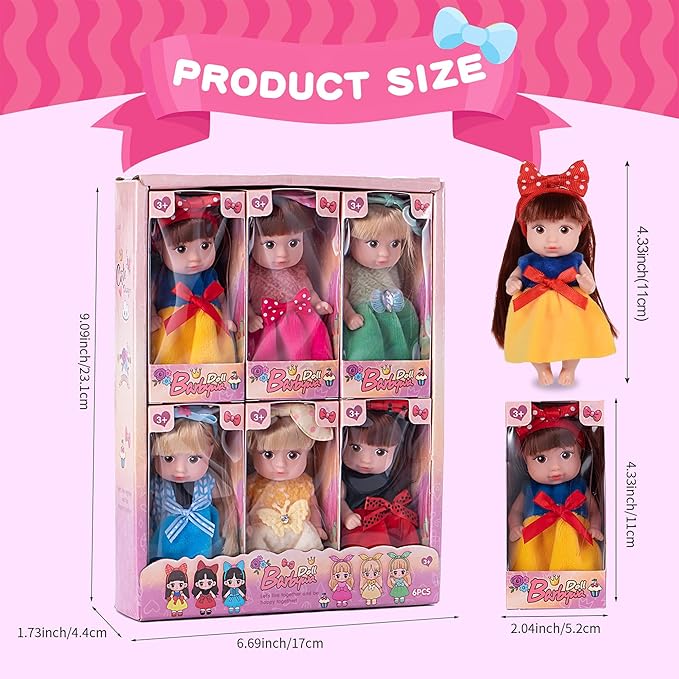 dollbie 6 Pack 4 Inch Mini Fashion Doll Collection - 6 Unique Stylable Hair Dolls with Rotatable Limbs & Cute Outfits | Collectible Toy Gift for Kids