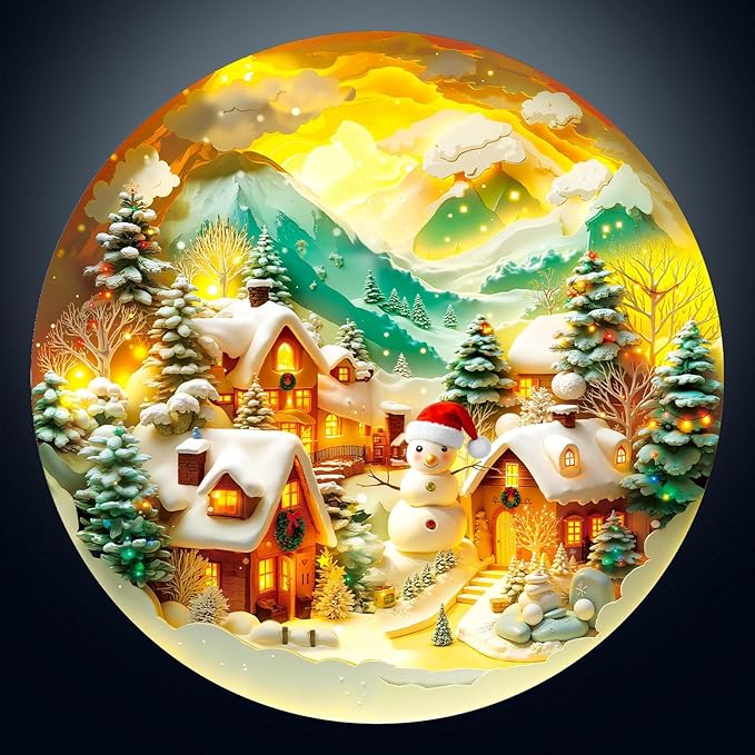 Round Jigsaw Puzzle 1000 Pieces - 3D Paper-Cut Winter Snow Village - 26.6" Circular Challenge, Christmas Snowman Landscape, Mindful Holiday Activity Gift