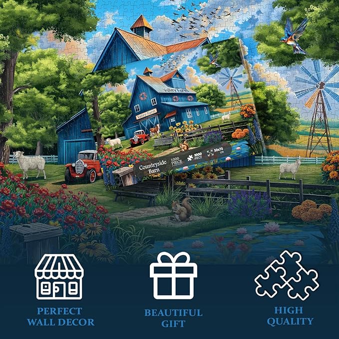 Farm Puzzles for Adults 1000 Pieces, Country Life Nature Landscape Puzzle Features Flower Bird Cow, Barn Puzzles Scenic, Challenging Jigsaw Puzzles