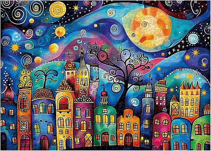 Colorful Houses Puzzles for Adults 1000 Pieces, Village Night Landscape Jigsaw Puzzles, Fantasy Abstract Starry Sky Puzzle as Nature Decor