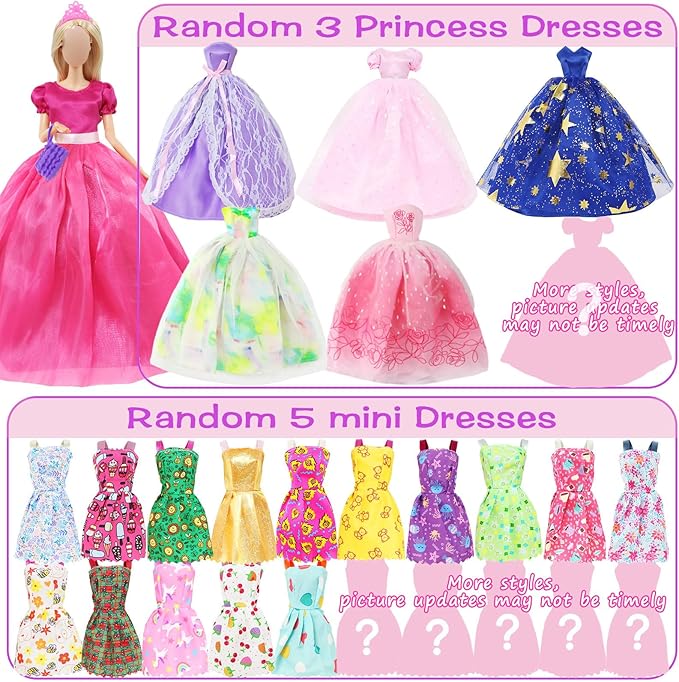 65 Pcs Doll Clothes and Accessories, 5 Fashion Dresses, 3 Wedding Gowns, 4 Outfits Top & Pant, 3 Swimsuits Bikini, 5 Slip Skirts, 20 Hangers, 20 Shoes, 5 Crowns for 11.5 Inch Girl Doll Clothing