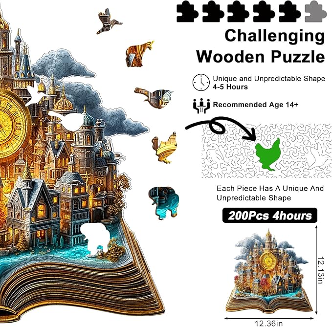 Wooden Puzzles for Adults, 210 Pieces Unique Animal Shaped 3D Book Castle Puzzle, Easter Gift for Mom, Mother's Day Wooden Jigsaw Puzzle with Storage Box
