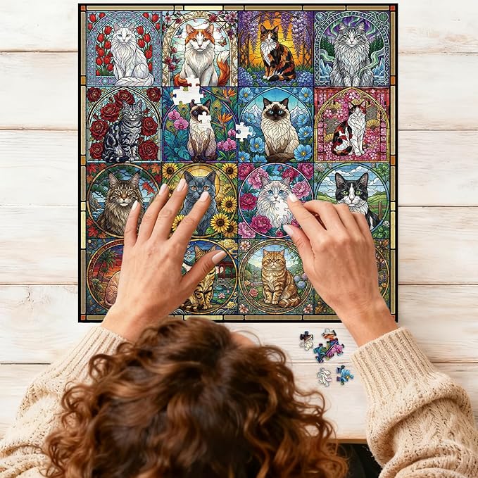 Stained Glass Puzzle Cat Puzzles for Adults 1000 Pieces, Mosaic Art Colorful Flowers Cat Jigsaw Puzzles 1000 Pieces, Hard Difficult Funny Jigsaw Puzzles for Adults