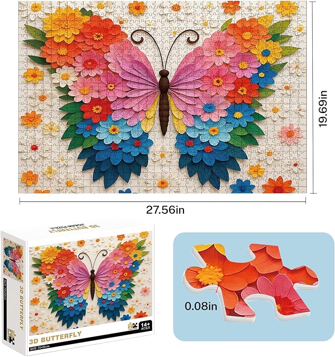 1000 Pieces Jigsaw Puzzles for Adults, Butterfly Jigsaw Puzzles 1000 Piece with Letters on Back, Butterfly Puzzle for Adults - Finished Size is 19.7"x27.6"