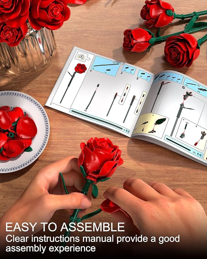 Red Rose Bouquet Building Set, 12 Artificial Roses Flower Building Blocks for Adult Women, Botanical Collection Home Decor Romantic Gift for Mother's Day Valentine's for Adults Girls (512 PCS)