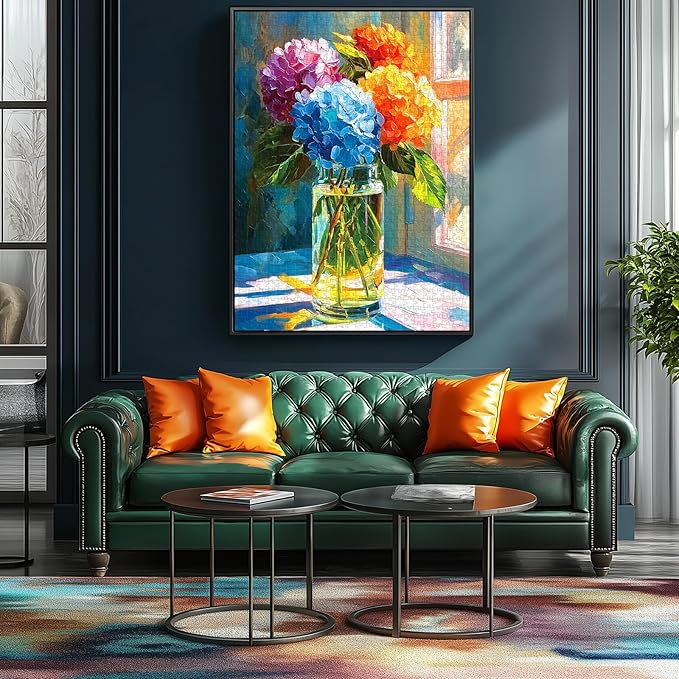 Hydrangea Puzzles for Adults 500 Pieces, Front of Window Blossom Flowers Art Jigsaw Puzzles for Family Fun Challenging, Party Game Gifts Decoration (23 x 15 Inch)