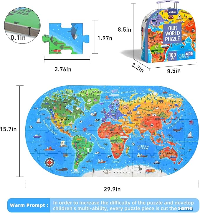 Mideer World Map Puzzle for Kids Ages 4-8, 100 Piece Floor Jigsaw Puzzle for Toddlers with Continents, Geography Educational Toys for Boys Girls, Globe Atlas Preschool Learning Game for Kids Ages 4-6