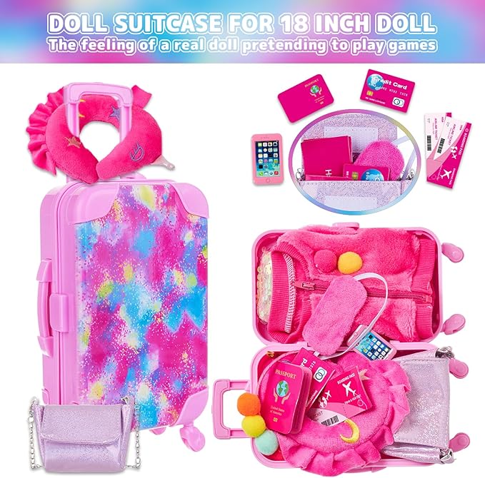 K.T. Fancy 18 Inch American Doll Clothes and Accessories, Doll Travel Suitcase Playset for Girls, Cute Travel Doll Clothes for 18 Inch Girl Doll(Not Include Doll & Shoes), Pink