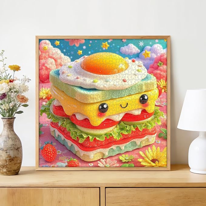 Cute Kawaii Sandwich 1000 Piece Jigsaw Puzzle for Adults - Whimsical Food Art with Smiling Egg & Strawberries, Poster & Lettered Back, 22.8" Square HD Quality, Unique Gift for Food & Kawaii Lovers
