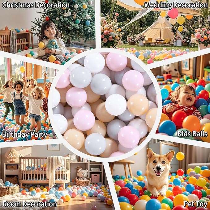 GOGOSO Ball Pit Balls for Toddler, Baby Plastic Playballs Kids Soft Pastel Pelotas Non-Toxic BPA-Free,Pink+Grey+Beige+White,100 Balls