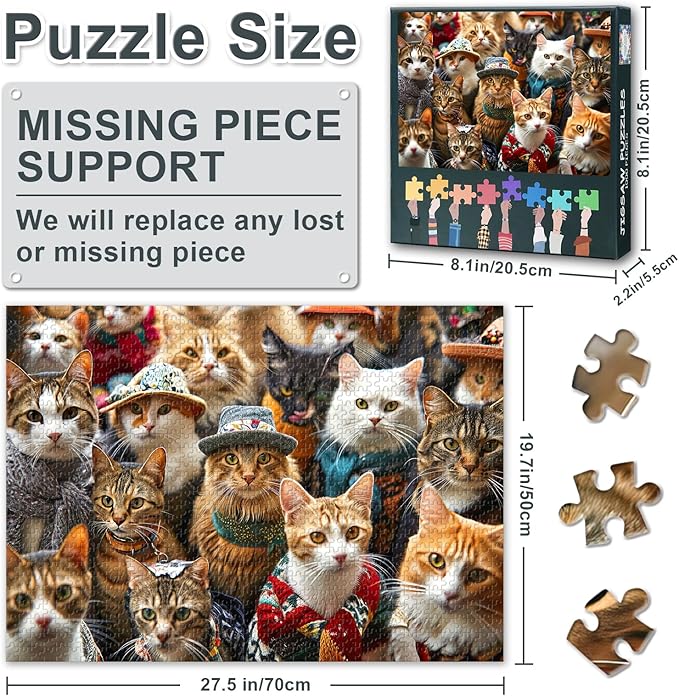 1000 Pieces Puzzles for Adults - Large Jigsaw Puzzle Cats Wearing Hats, Challenging Mind Game, for Puzzle Enthusiasts, Finished Size 19.5 x 27.5 Inch