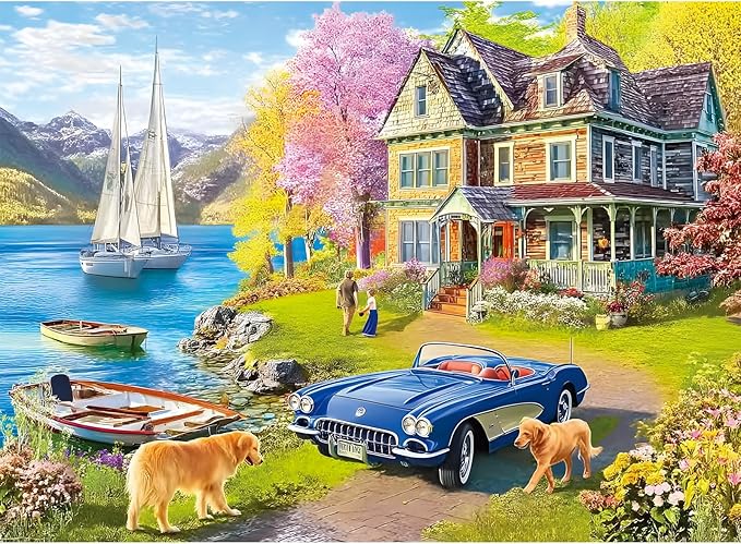 500 Pieces Puzzle for Adults,Lake Vacation Puzzle,House and Dogs Landscape Jigsaw Puzzles 500 Pieces,Challenging Game Home Decor Birthday Party Gift Toy for Adults Seniors 20.5 * 15 in