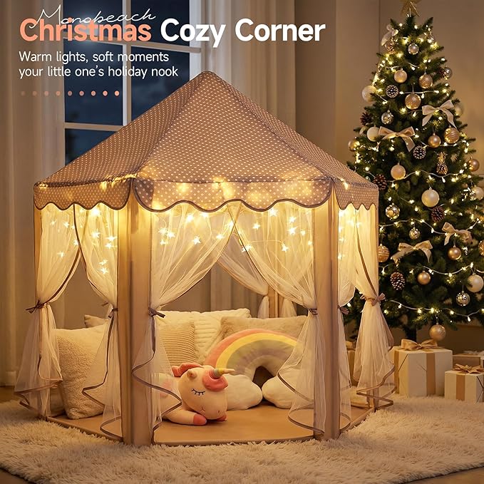 Monobeach Princess Play Tent for Girls: Brown Large Kids Castle Playhouse with Mesh Curtains & Star Lights - Indoor Outdoor Pretend Play Toys Tent - Cozy Reading Nook Gift for Toddlers & Kids