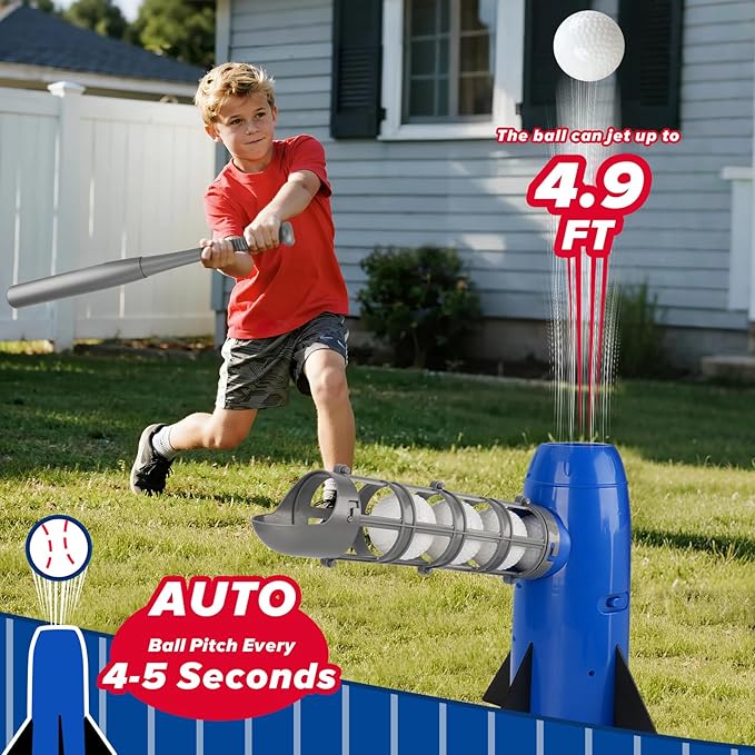 Auto Kids Baseball Pitching Machine, Automatic Baseball Launchers for Kids 6-8, Batting Practice Equipment with 5 Plastic Balls & Bat, Pop Up Tball Trainer, Blue
