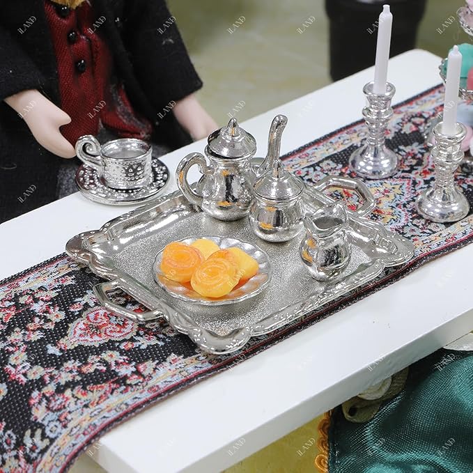 iLAND Miniature Tea Set 1/12 Scale Accessories Metal Tea Set Mini Cups Teapots Trays Plate w/Candle Holder & Table Runner fits Vintage Dollhouse Furniture Miniature Dollhouse Accessories Shining