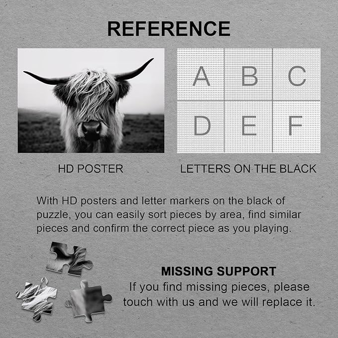 Black White Highland Cow Puzzles for Adults 1000 Pieces,Impossible Hard Difficult Challenging Aesthetic Jigsaw Puzzles, Art Animal Puzzle