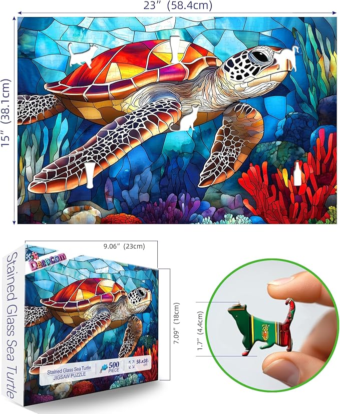 Sea Turtle Stained Glass Jigsaw Puzzle for Adults, 500 Piece Ocean Scene Puzzle, Relaxing Activity & Home Decor, Ideal for Marine Life Enthusiasts, Turtle Lovers