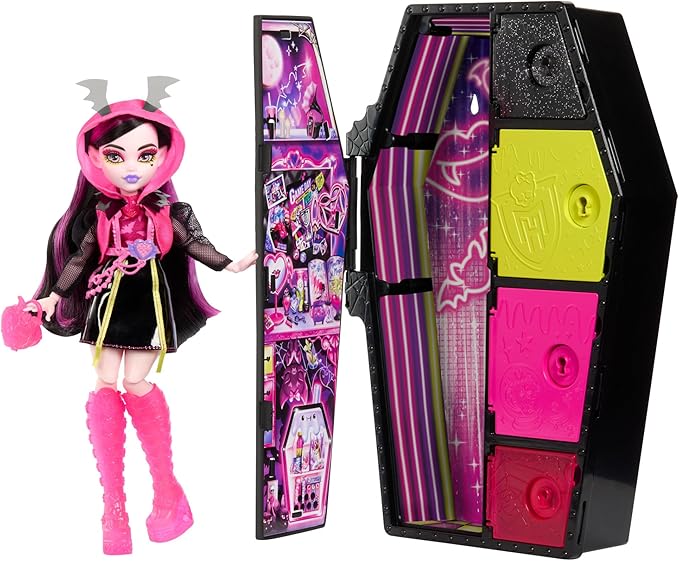Monster High Skulltimate Secrets Neon Frights Doll & Accessories, Draculaura with Dress-Up Locker & 19+ Surprises