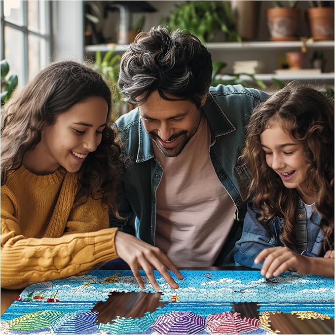 White Mountain 1000 Piece Jigsaw Puzzle Fun Summer Beach Puzzles with Large Pieces Gift for Adults and Family 24"x30" - Rainbow Umbrellas
