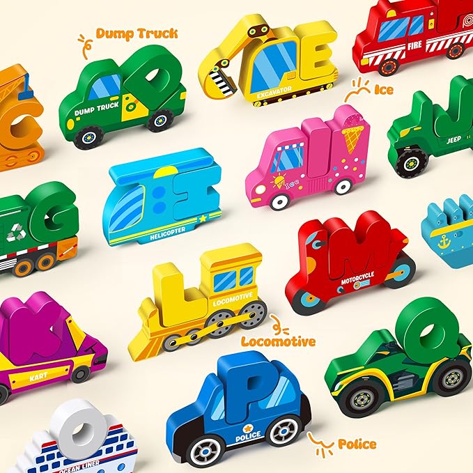 Vanmor Wooden Vehicle Alphabet Puzzle for Toddlers, Traffic ABC Letter Sight Words Matching Game with 52 Blocks and Flash Cards, Spelling Game Toys, Kindergarten Preschool Learning Activities