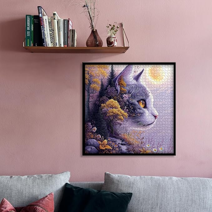Fantasy Cat Puzzle for Adults 1000 Pieces,Moonlit Forest Cat Nature Puzzle,Dreamy Floral Kitten Landscape Puzzle,Impossible Purple Scenery Jigsaw Puzzle Challenge