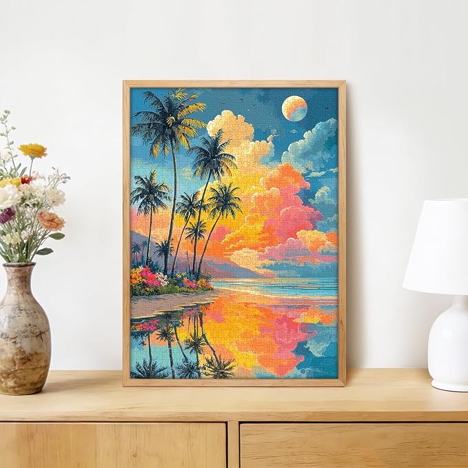 Tropical Sunset Beach 1000 Piece Puzzle for Adults - Macaron Color Palette Art, Mirror Lake Palm Tree Scene, Poster & Lettered Back, 20"x28" HD, Gift for Travel & Art Lovers