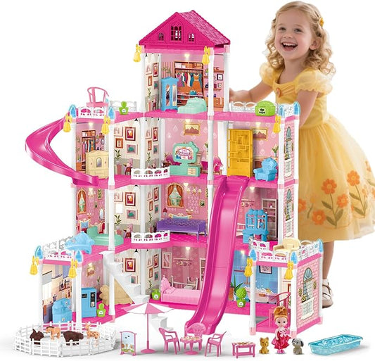 Villa Toys for Girls, 4 Stories 12 Rooms Villa Playhouse with Lights, Doll, Furniture, Bathtub, and Accessories, DIY Pretend Toddlers House kit for 3 4 5 6 7 8 9 10 Year Old Kids