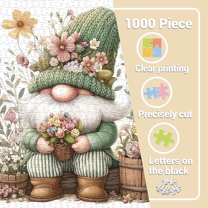 Cute Gnome Puzzles for Adults 1000 Pieces.Colorful Flower and Plant Jigsaw Puzzles. Funny Challenging Spring Garden Puzzles