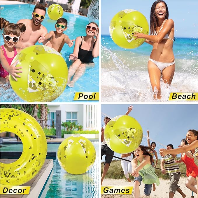 POZA Inflatable Beach Balls - Elegant Glitter Confetti Premium Floaters, Heavy Duty Vinyl Floatation Pool Toys for Pool Beach Party, UV Resistant Pool Décor