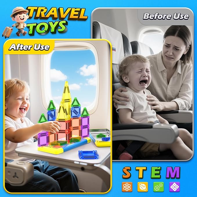 Soyee Mini Magnetic Tiles Travel Toddler Toys with Metal Tin Portable STEM Building Kids Toys for 3 4 5 6 7 8+ Years Old Boys & Girls & Birthday Gifts