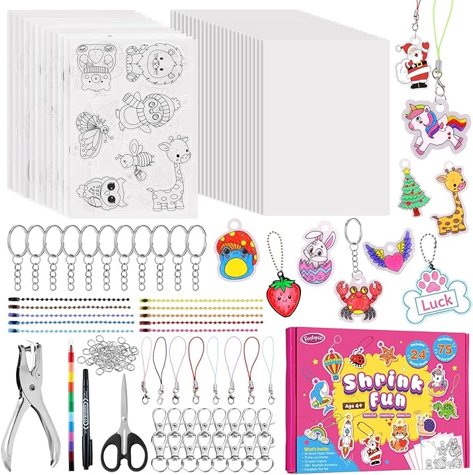 201pcs Shrink Paper Keychain Kit, 24 Blank & 12 Pre-Cut Sheets (75 Patterns) Crafts Kits for Kids Adults, Shrinking Art Activity Set with Hole Punch & Keychain Jewelry Accessories for DIY Crafts