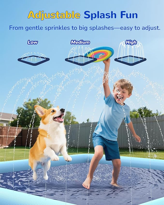 VISTOP Non-Slip Splash Pad for Kids and Dog, Thicken Sprinkler Pool Summer Outdoor Water Toys - Fun Backyard Fountain Play Mat for Baby Girls Boys Children or Pet Dog (85 * 85 inch, Blue&Blue)