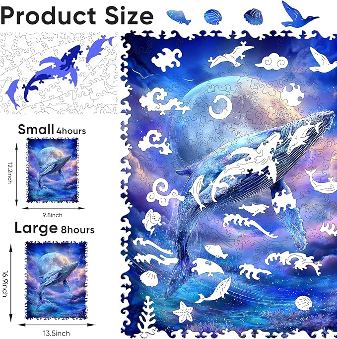 Bovearto Whale Puzzle, Moon Whale Wooden Puzzles for Adults, Sea Animal Puzzle Unique Shaped Puzzle Gifts for Kids 206 Pieces (9.8"*12.2")