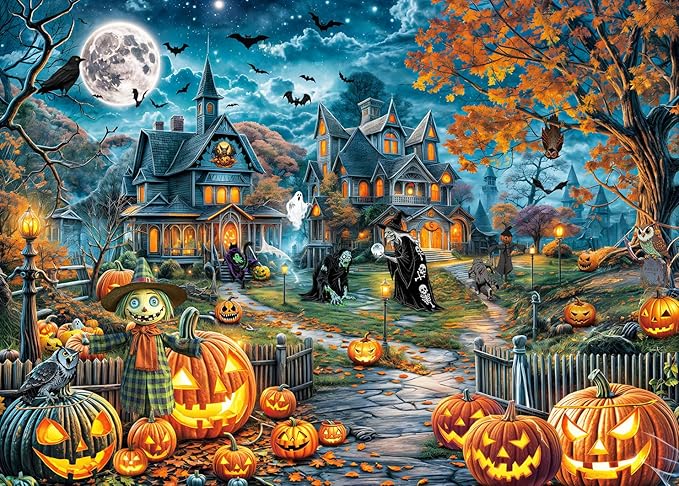 Halloween Puzzle for Adults 1000 Pieces Bats Full Moon Haunted House Witches Pumpkins Jigsaw Puzzles for Adults 1000 Piece Dark Fantasy Halloween Scene