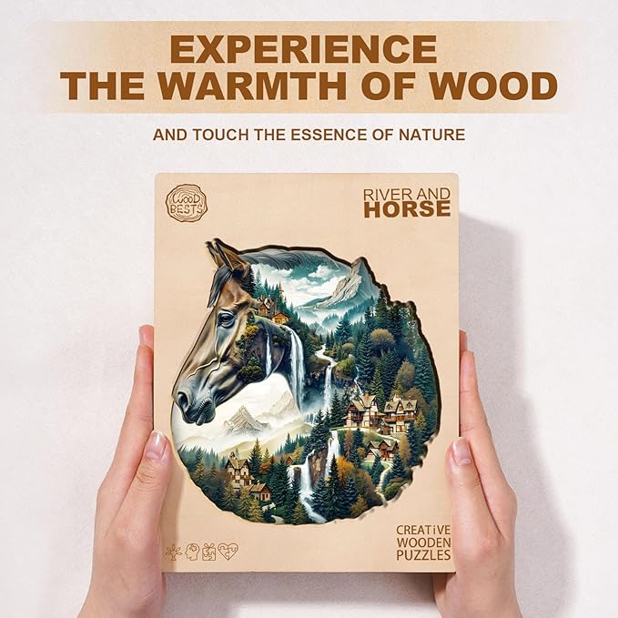 Wooden Puzzles for Adults, River and Horse Jigsaw Puzzles, 100 Piece Unique Shaped Puzzle, Animal Shape Puzzle, Gifts for Adults/Friends/Family, Family Game，Wall Decor(8.5 * 8.2in)