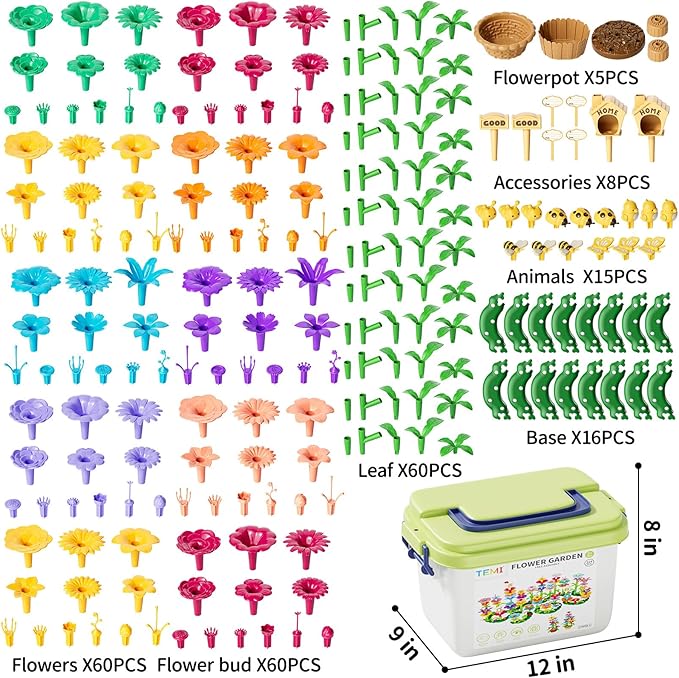 TEMI 224 PCS Flower Garden Building Toys for Girls Toys, Educational STEM Toy and Preschool Garden Play Set for Toddlers 3 4 5 6 7 8 Year Old Kids Boys Girls, Flower Stacking Toys for Kids Age 3-8
