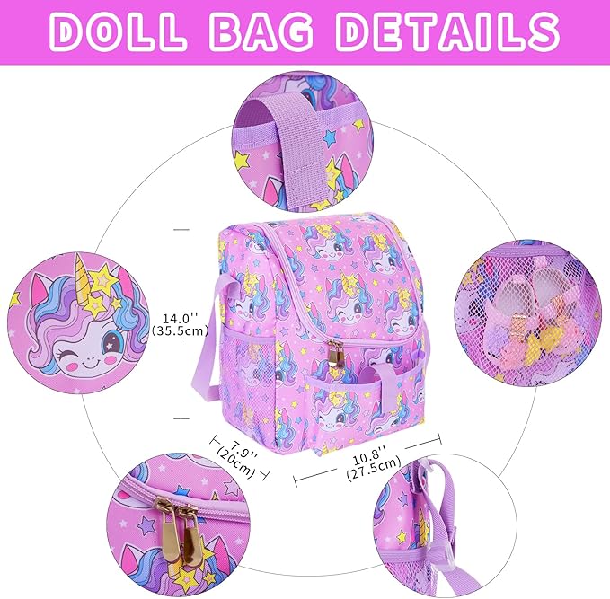 UNICORN ELEMENT 18 Inch American Doll Unicorn Seated Backpack Set and Accessories Include Clothes,Carrier,Shoes,Cell Phone,Stickers Totol 9 pcs(Doll Not Included)