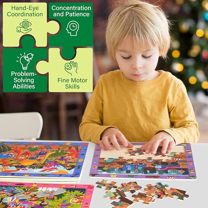 BenBen Large Wooden Puzzles for Kids Ages 4-6, 6 Pack 24 Piece Search and Find Puzzles for Toddlers 3-5, Educational Learning Toys Gifts for 3 4 5 Year Old Boys Girls