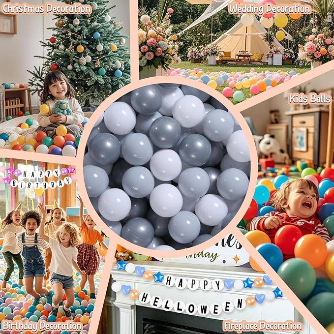 GOGOSO Ball Pit Balls for Toddler, Baby Plastic Playballs Kids Soft Pastel Pelotas Non-Toxic BPA-Free Gray+Pearl Gary+ White, 100 Balls